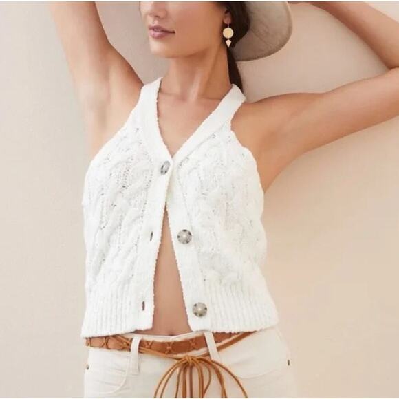 Anthropologie Tops - Anthropologie Pilcro Cable-Knit‎ Sweater Tank in Cream Button Front, Size XS
